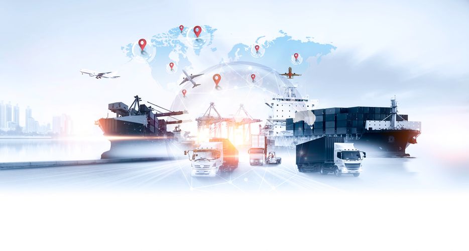 Global logistics with ships, trucks, planes, and digital location pins illustrating worldwide trade.
