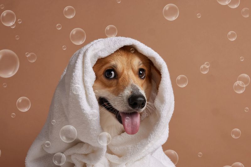 Adorable Corgi wrapped in a white towel after bath, with soap bubbles floating around, against brown background.