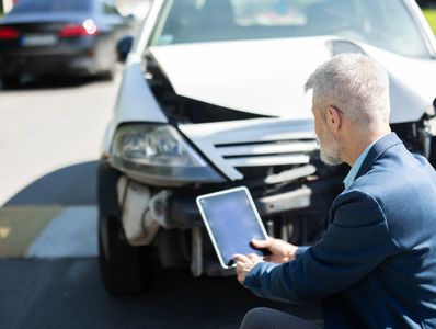 A man in a blue suit examines a damaged car front with a tablet