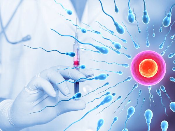 Illustration of sperm surrounding an egg with a hand holding a syringe in the background.