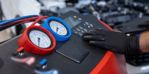 A technician operates HVAC gauges on a red machine.