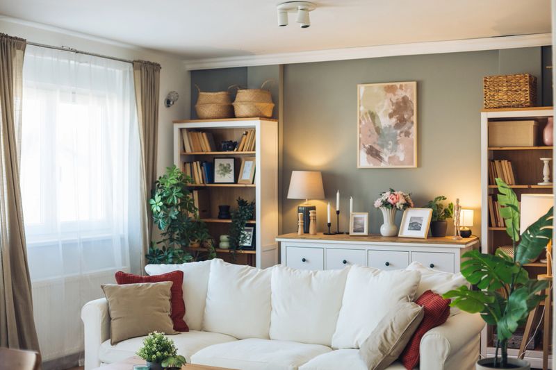 Cozy and stylish living room with a white sofa, bookshelves, and decorative plants, creating a welcoming atmosphere