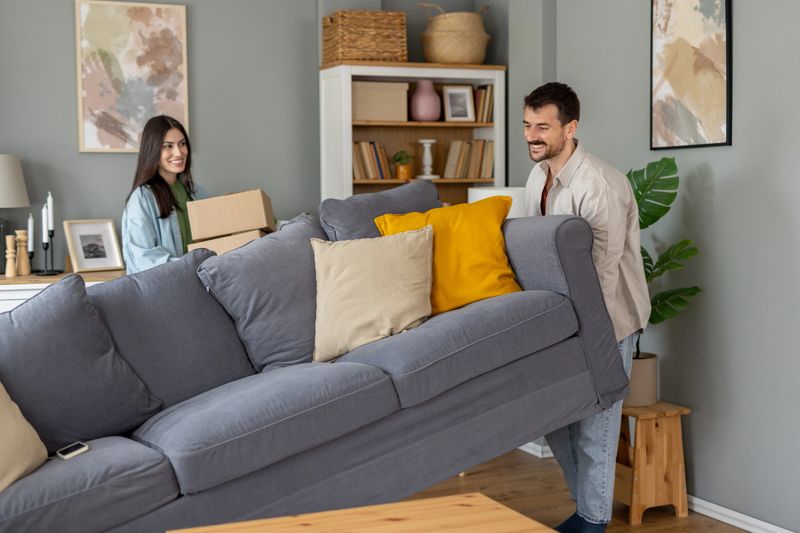 A happy couple is lifting a couch together in a stylish living room filled with decorative items and natural light, showcasing teamwork and positivity.