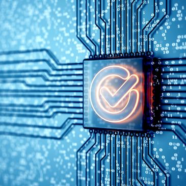 Glowing checkmark on a microchip with digital circuits and binary code.