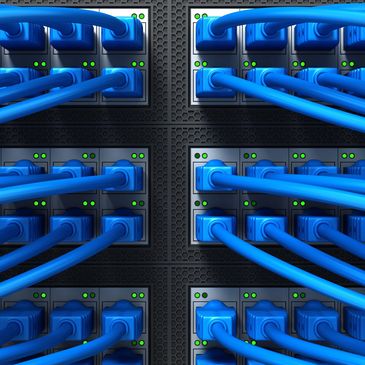 Close-up of blue Ethernet cables connected to network switches with green status lights.