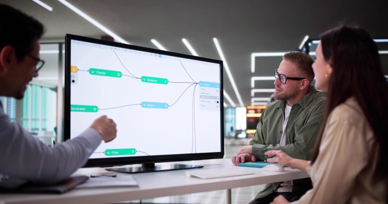 Professional Engineers Using Node Editor For AI Business Development And Research.