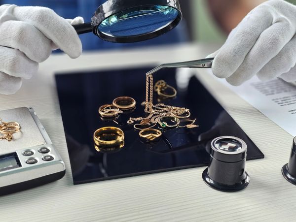 Jewelry inspection with magnifying glass and tweezers.