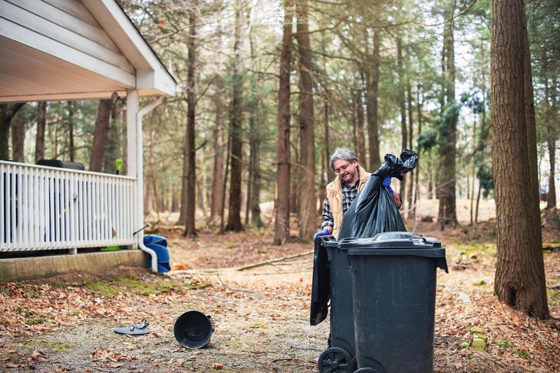 A middle-aged man in a beige vest cleans up garbage scattered around his yard. He's placing a black trash bag into a wheeled garbage bin after bears knocked over trash cans during the night. The scene takes place in a wooded residential area with pine trees surrounding a house with a white porch railing. Fallen leaves cover the ground and an overturned trash can lid is visible on the forest floor.