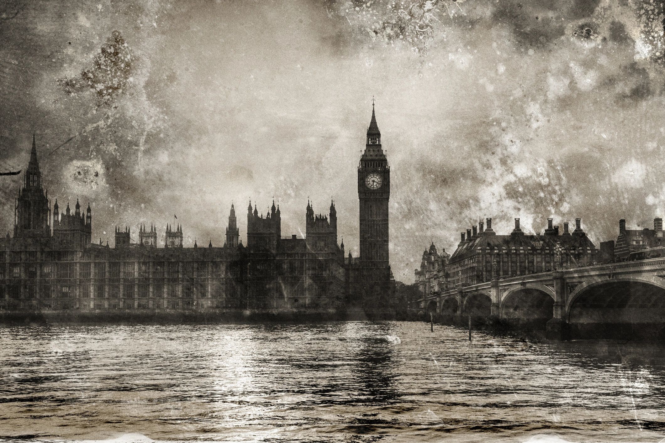 Vintage-style image of Big Ben and the Houses of Parliament in London.