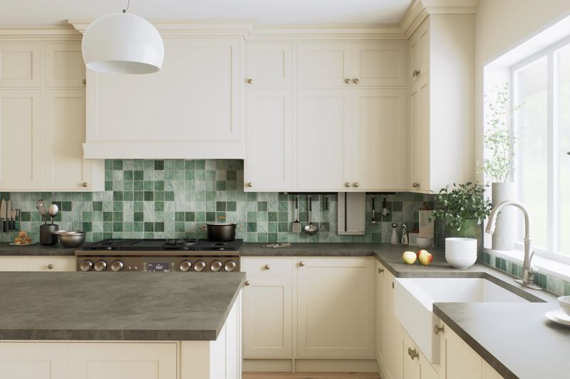 This stylish kitchen features sleek design with beautiful mint green tiles and an elegant countertop. 3D Render
