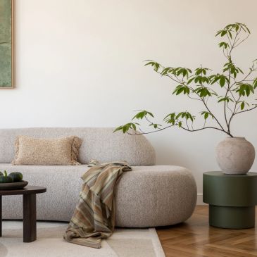 Modern beige sofa with textured pillow and green plant in vase.