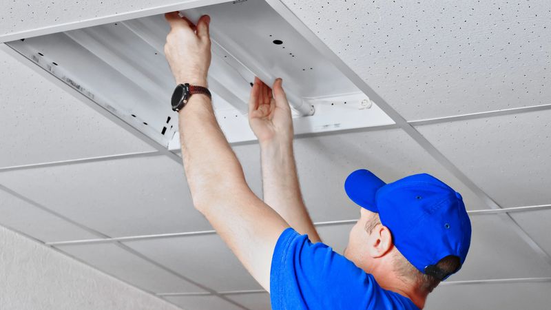 An electrician in a blue uniform and cap is fixing the fluorescent light panel on the ceiling of an office building. He is holding tools and ensuring proper installation.
