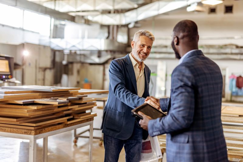 Two individuals in business attire greeting each other in a workshop with industrial tools and equipment in view, symbolizing collaboration, partnership, and agreement in a professional environment.