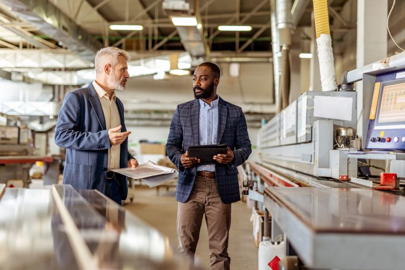 Two professionals interact in a manufacturing facility, discussing operations and reviewing data using modern equipment, fostering effective communication and teamwork in a professional industrial environment.