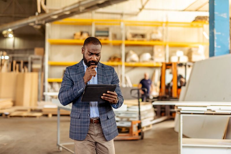 Businessman wearing formal attire utilizing a tablet device in a busy warehouse setting, surrounded by organized shelving and equipment.