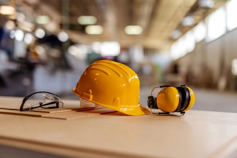 Yellow construction safety gear including a helmet, glasses, and earmuffs in focus, with a blurred workshop background emphasizing workplace safety and industrial environment concepts.