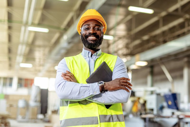 Smiling male engineer wearing a hard hat and reflective vest in a factory environment, confidently holding a tablet while showcasing a professional demeanor amidst industrial machinery and adequate lighting.