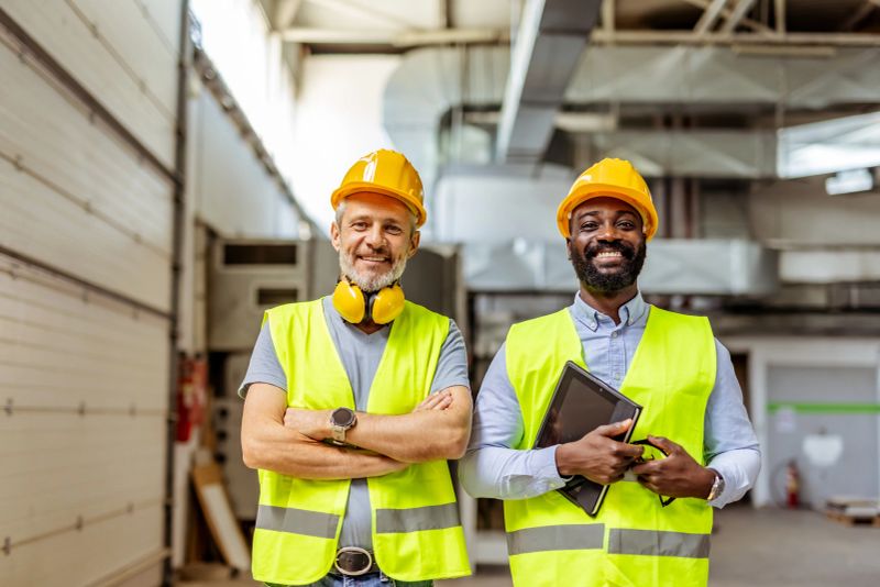 Two workers wearing high-visibility vests and hard hats in an industrial warehouse, exuding teamwork and professionalism as they oversee operations while standing confidently in a bustling, modern environment.