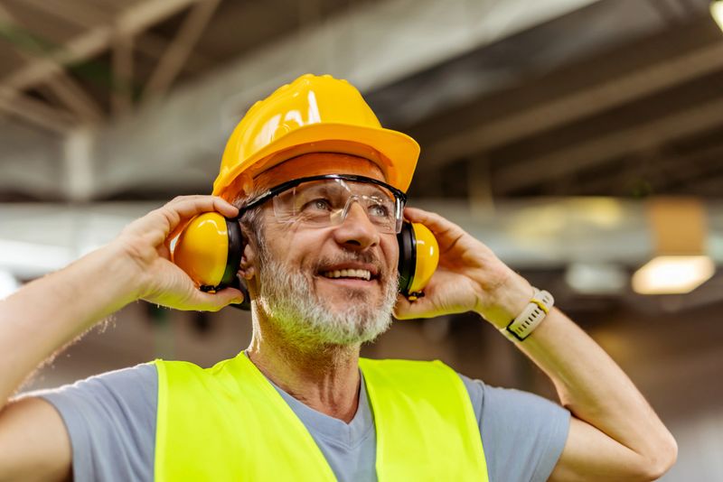 A senior construction worker standing in an industrial environment wearing safety equipment, including a hard hat and earmuffs, and displaying a friendly smile. The photo illustrates professionalism and workplace safety.