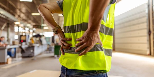 Ouvrier en gilet de sécurité avec les mains sur le dos.
