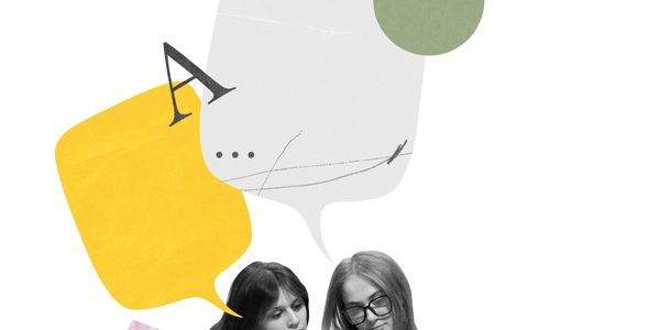Two women with speech bubbles and abstract shapes above them.