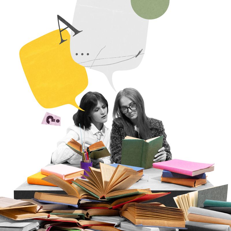 Two female students reading colorful books with creative speech bubbles flying around. Exam preparation, homework. Contemporary art collage. Concept of education, collaboration, creativity