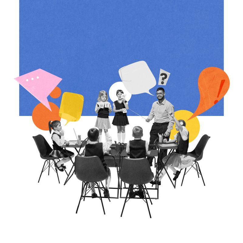 Elementary school children and teacher interacting with colorful letters and speech bubbles during lesson. Contemporary art collage. Concept of education, communication, creativity, teamwork