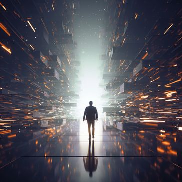 A person walks towards a bright light through a futuristic digital corridor.