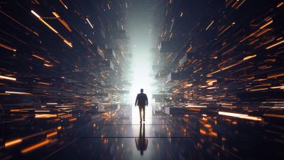 Silhouette of person walking into a bright digital tunnel.