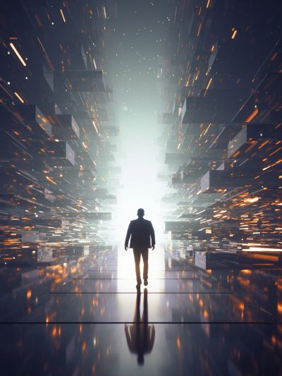 Silhouette of a man walking into a futuristic digital tunnel.