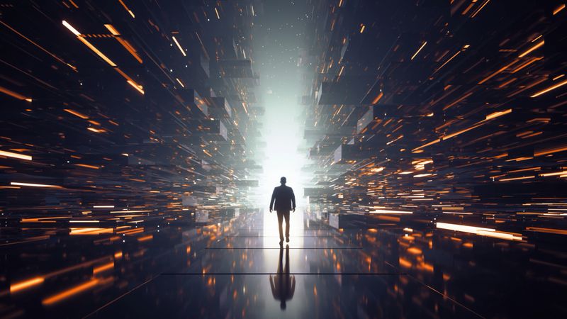 A human figure steps into a futuristic space filled with data particles, reflecting the journey of digital transformation.