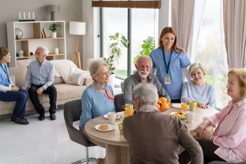 Seniors sharing stories and enjoying breakfast together in a vibrant environment that encourages connection, laughter, and togetherness.