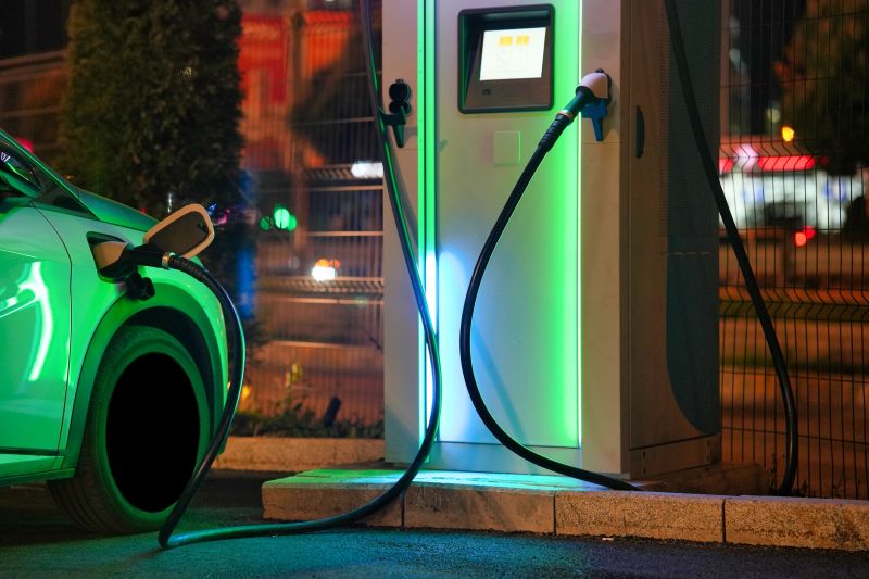 A close-up view of an electric vehicle plugged into a public charging station at night, with green ambient lighting.