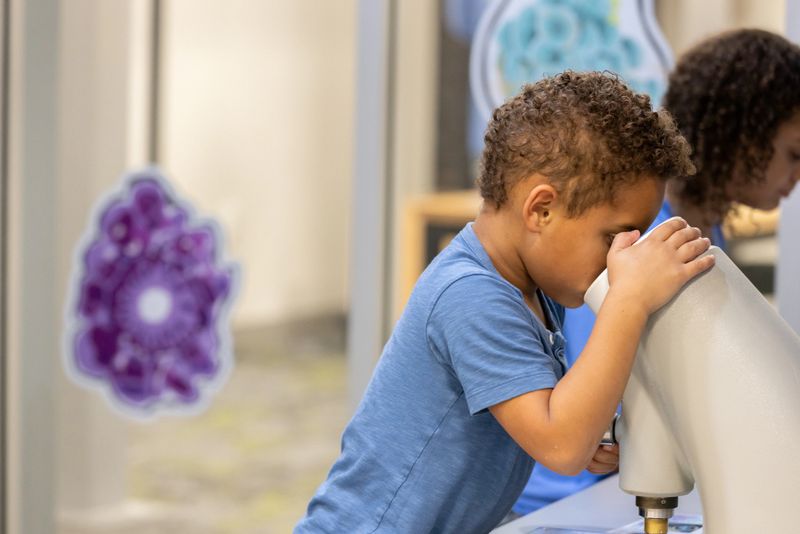 Children use giant microscopes in science lab at local children's museum