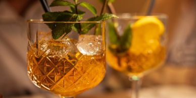 Refreshing amber cocktails garnished with mint.
