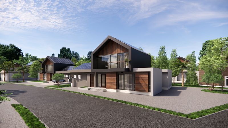 3d renders of sustainable houses.Home with solar panel.Side view of a large solar panel on a rooftop