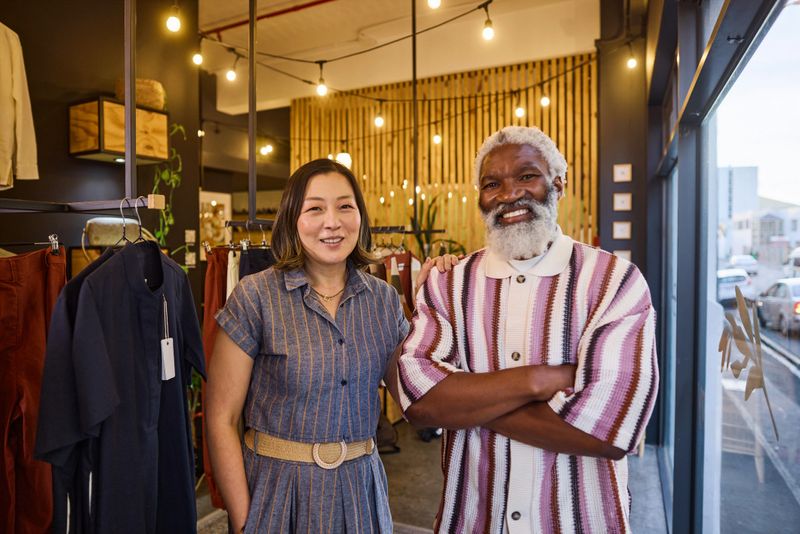 Two smiling multi-ethnic shopkeepers standing with arms crossed in a clothing store looking at camera