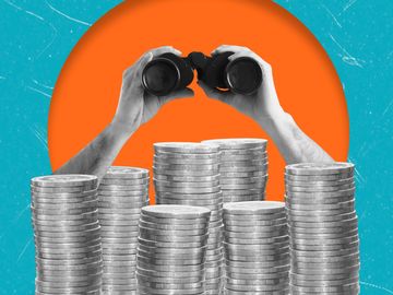 Hands holding binoculars over stacks of coins with a bright orange circle background.