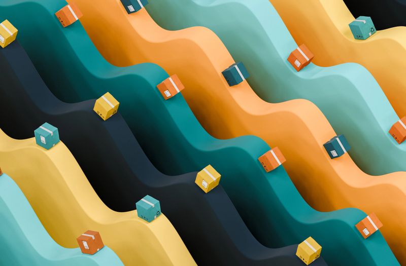 Artistic representation of delivery boxes arranged on a wavy teal surface, symbolizing continuity and modern shipping methods. Design created in 3D.
