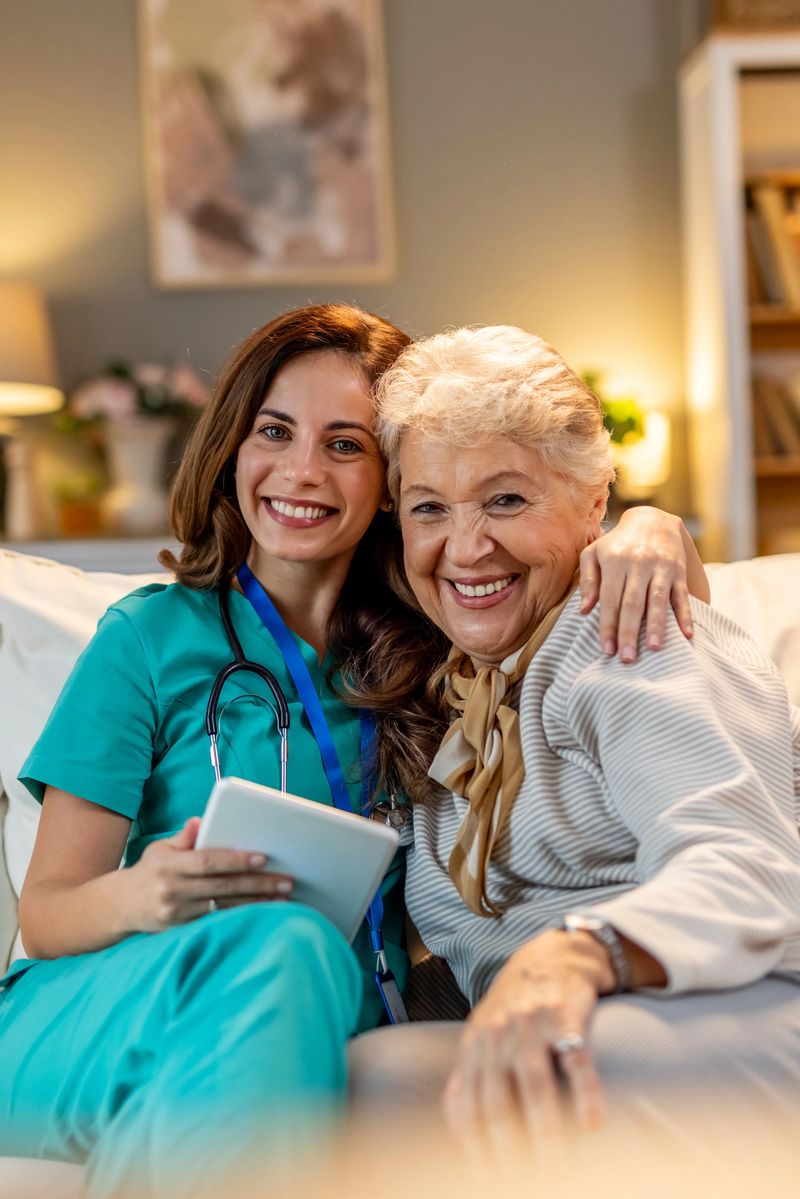 A senior woman embraces a nurse holding a tablet, showcasing compassion and healthcare in a homely setting.