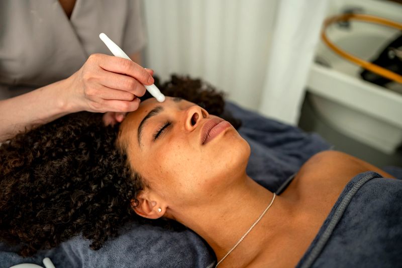 A serene spa scene showing a woman receiving a relaxing facial treatment with a focused aesthetician applying a skincare tool on her face. The tranquil setting highlights themes of self-care, relaxation, and wellness.