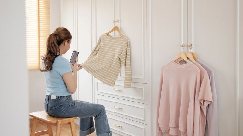 Young adult woman asia people take photo used shirt second hand sell. Go green happy home eco care reduce zero waste fabric issue donate buy sale online app side hustle reuse swap clothes store shop.