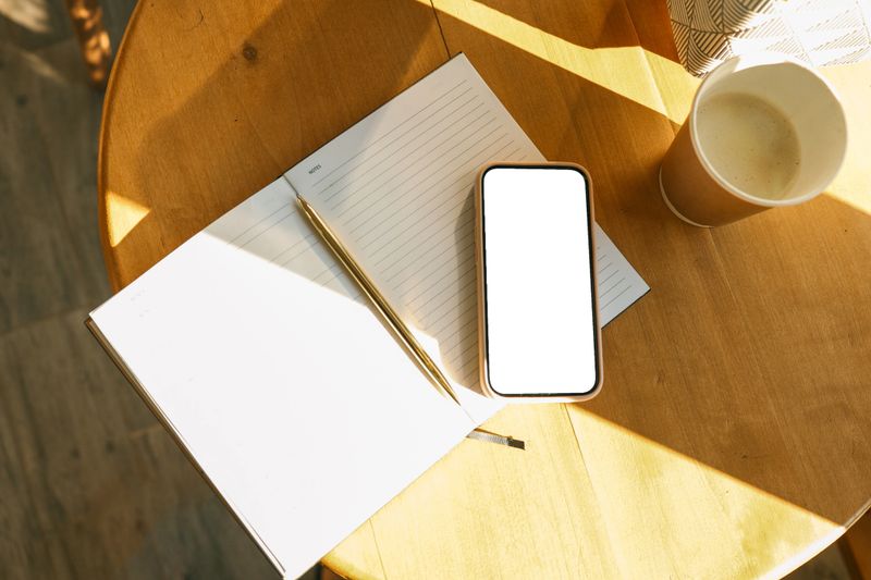 Top view of a smartphone, notebook with golden pen, and takeaway coffee cup on a wooden table in sunlight, cozy workspace with natural light and relaxed atmosphere.