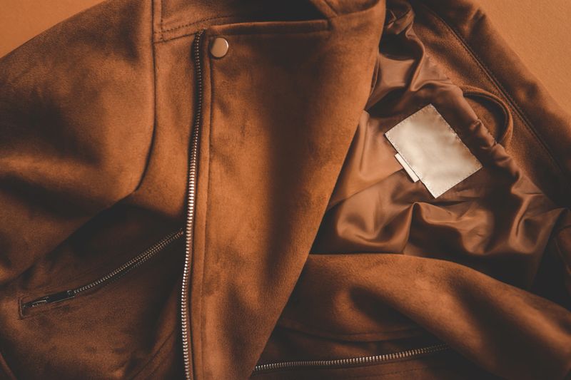Close-up of a brown suede jacket with zipper details, showing the silky inner lining and a blank white label, highlighting the texture and craftsmanship of the garment.