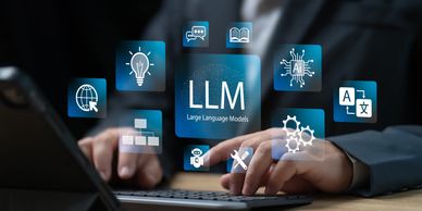 Person typing on a keyboard with floating AI and LLM icons.