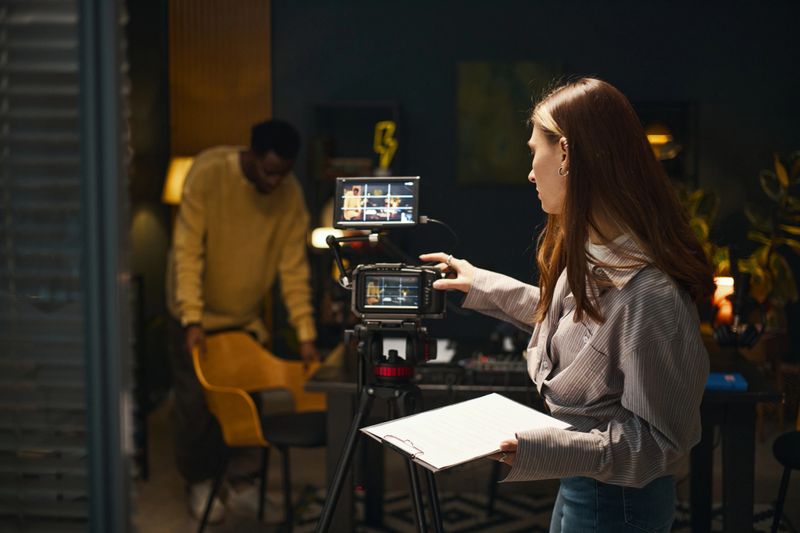 Woman setting the camera before recording podcast with her colleague in studio