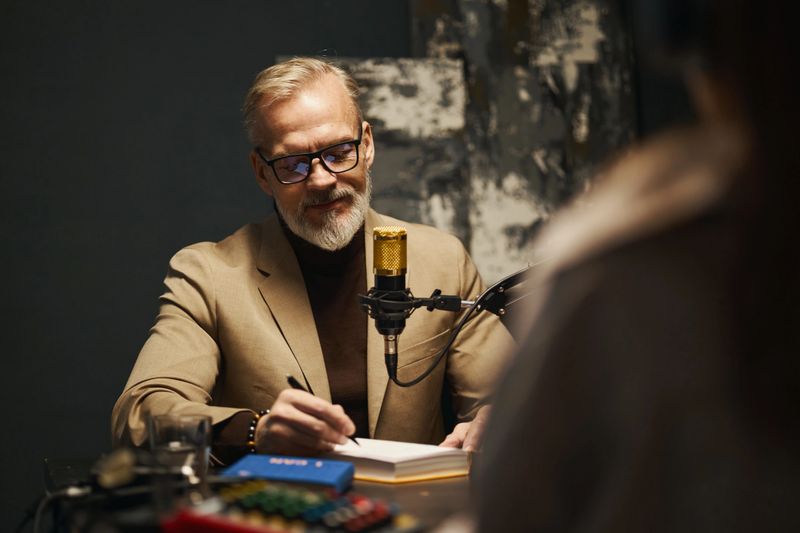 Writer signing his book during interview in studio