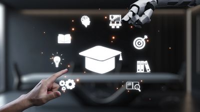 Human and robotic hand interacting with education icons symbolizing AI in learning.