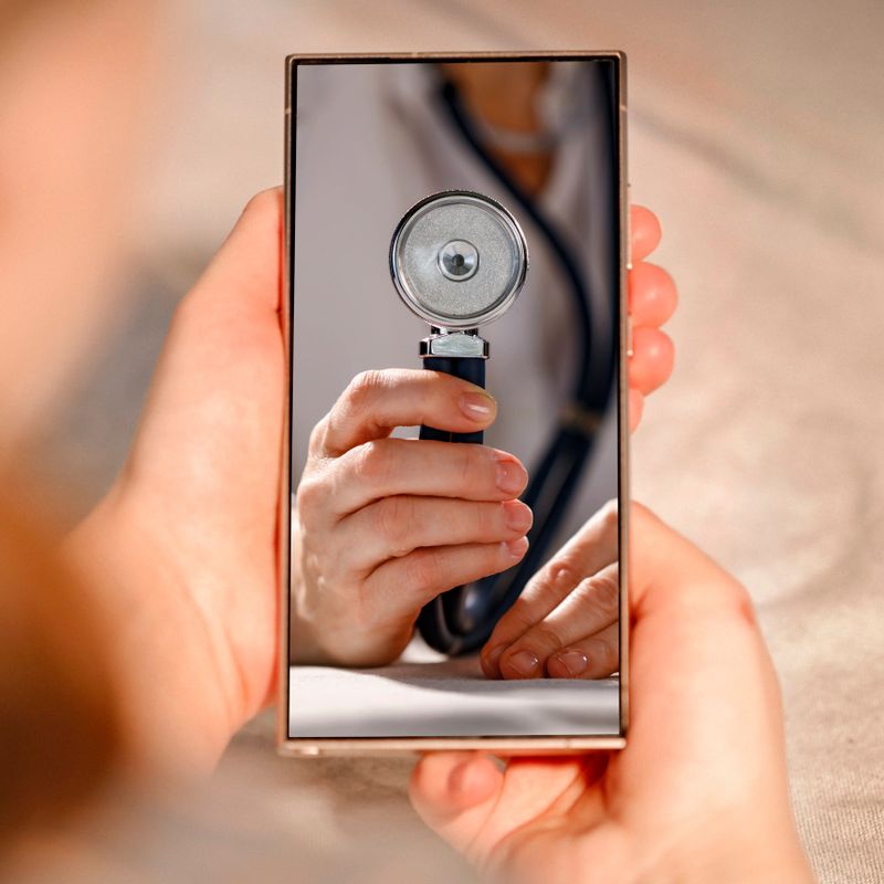 A person holds a smartphone displaying a video call, showing a medical professional holding a stethoscope. The screen depicts a detailed view of the stethoscope's diaphragm, with the person's hands clearly visible. The background is blurred, focusing on the smartphone's display. The scene suggests the concept of telemedicine or virtual health consultation, integrating medical tools with digital technology.