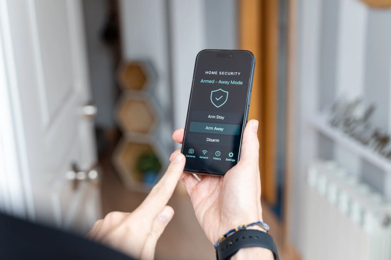 Homeowner using a smartphone app to activate the security system, ensuring peace of mind while away